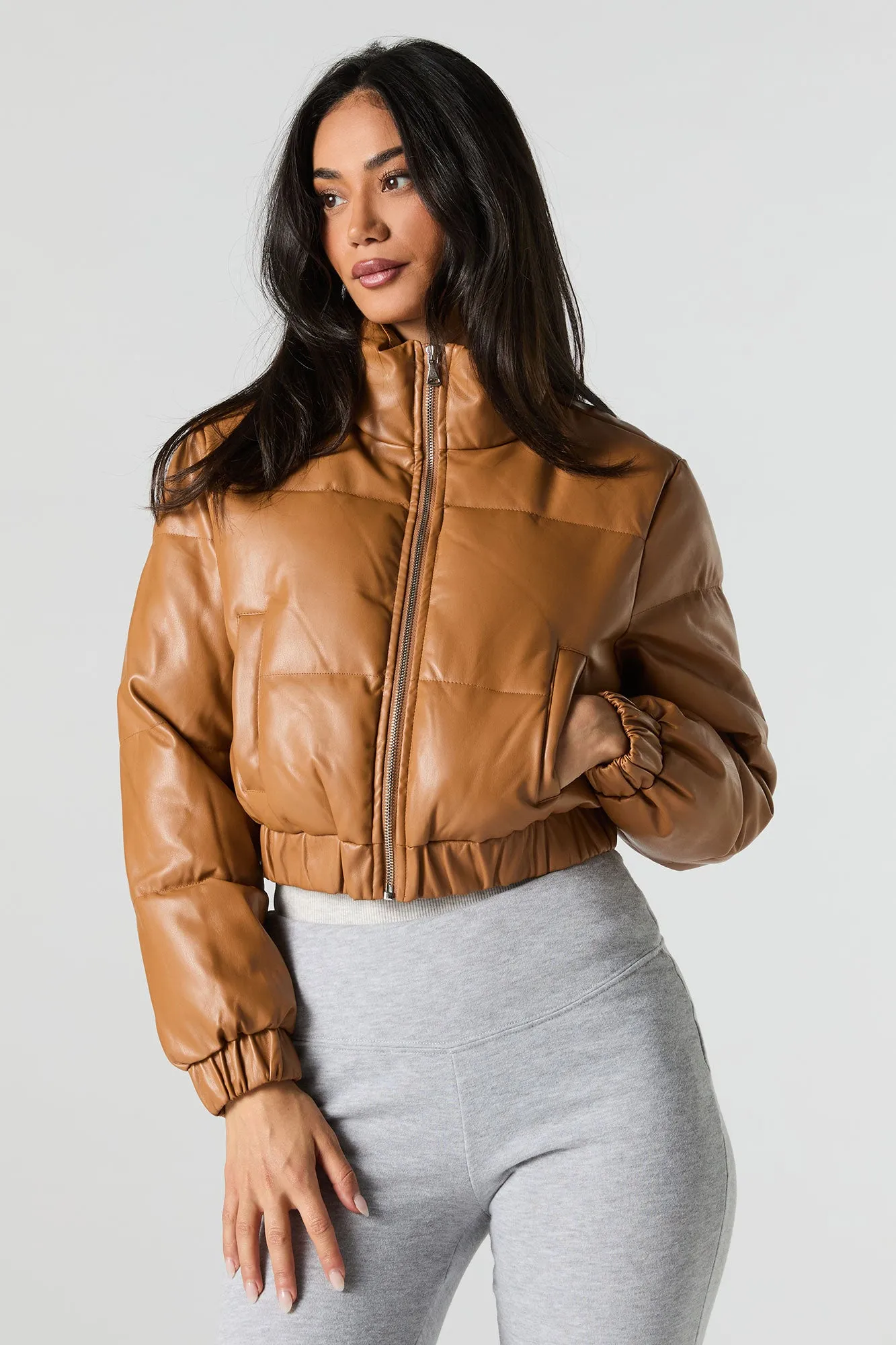 Faux Leather Cropped Puffer Jacket sold by Urban Planet