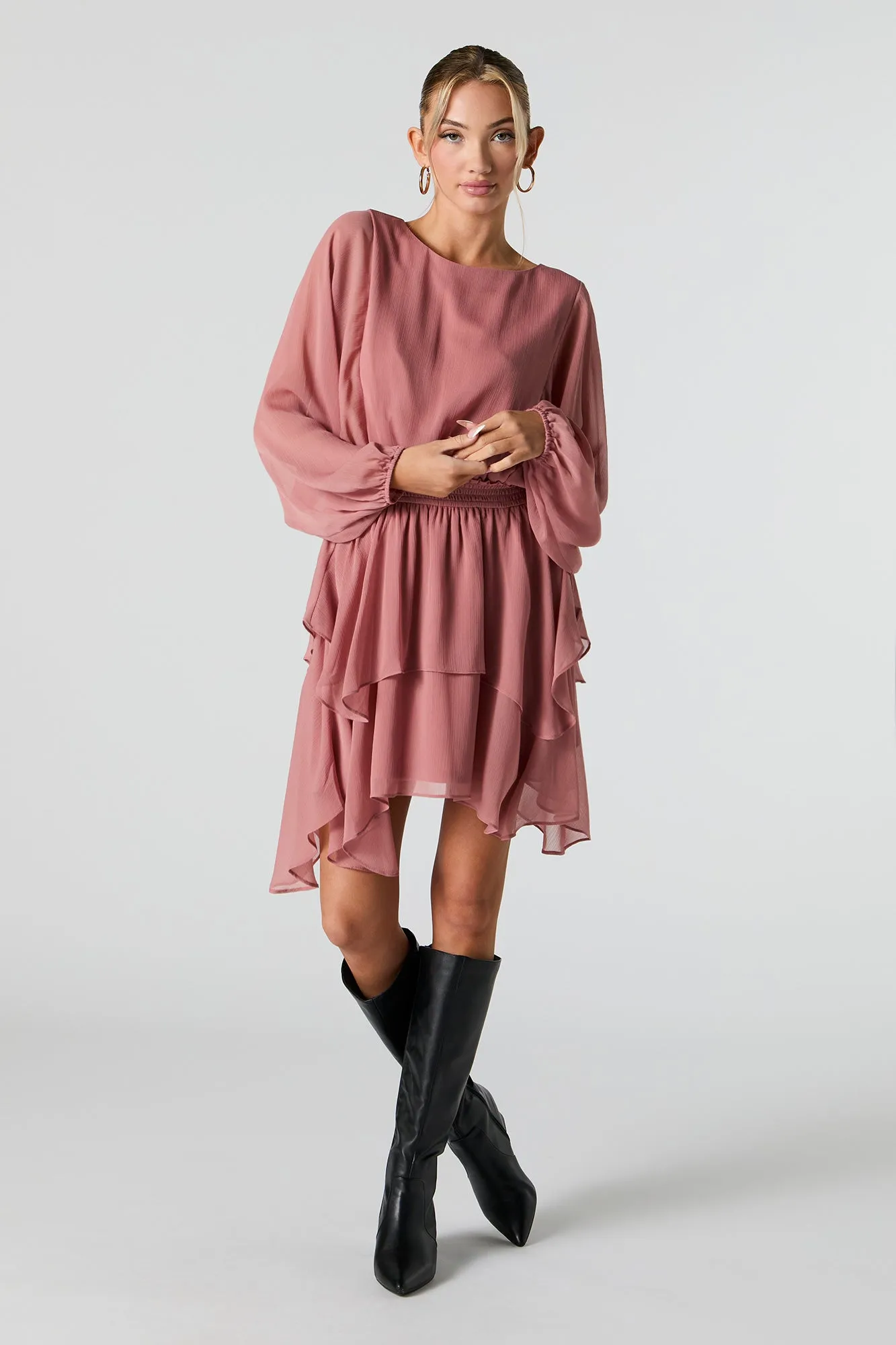 Mesh Tiered Long Sleeve Flowy Mini Dress sold by Urban Planet product image thumbnail 3