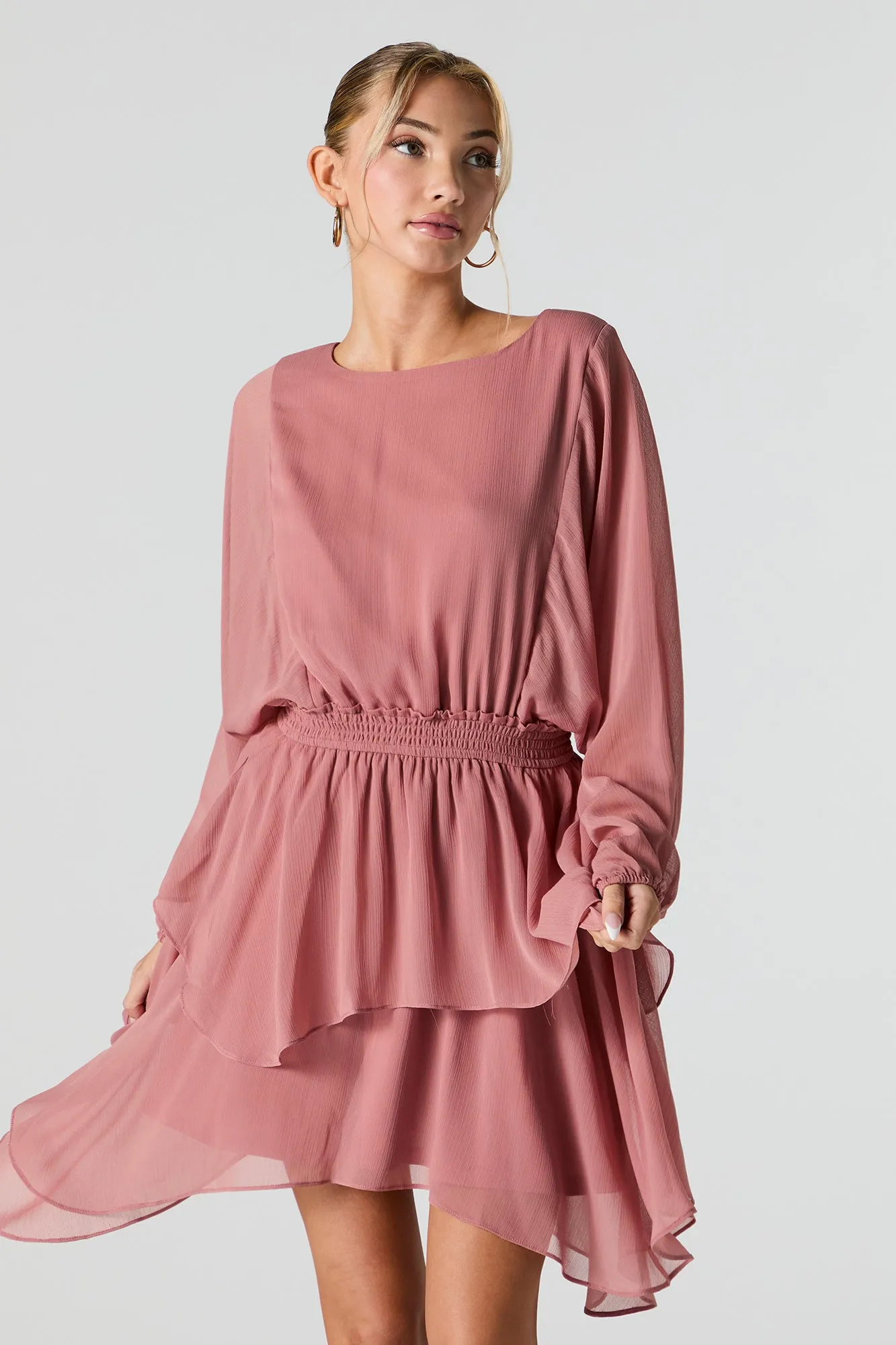 Mesh Tiered Long Sleeve Flowy Mini Dress sold by Urban Planet