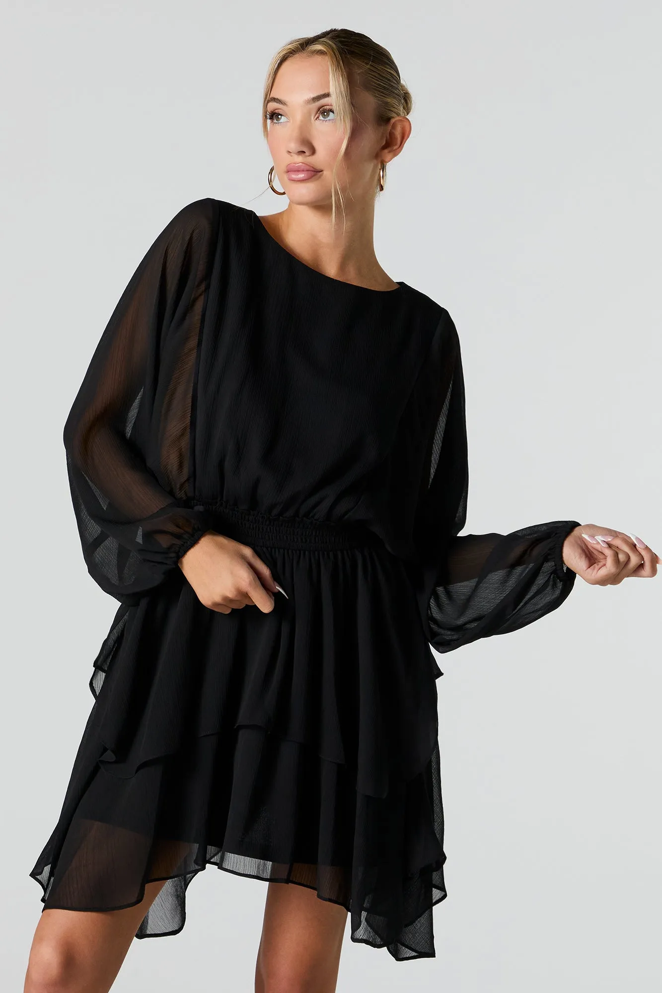 Mesh Tiered Long Sleeve Flowy Mini Dress sold by Urban Planet product image thumbnail 4