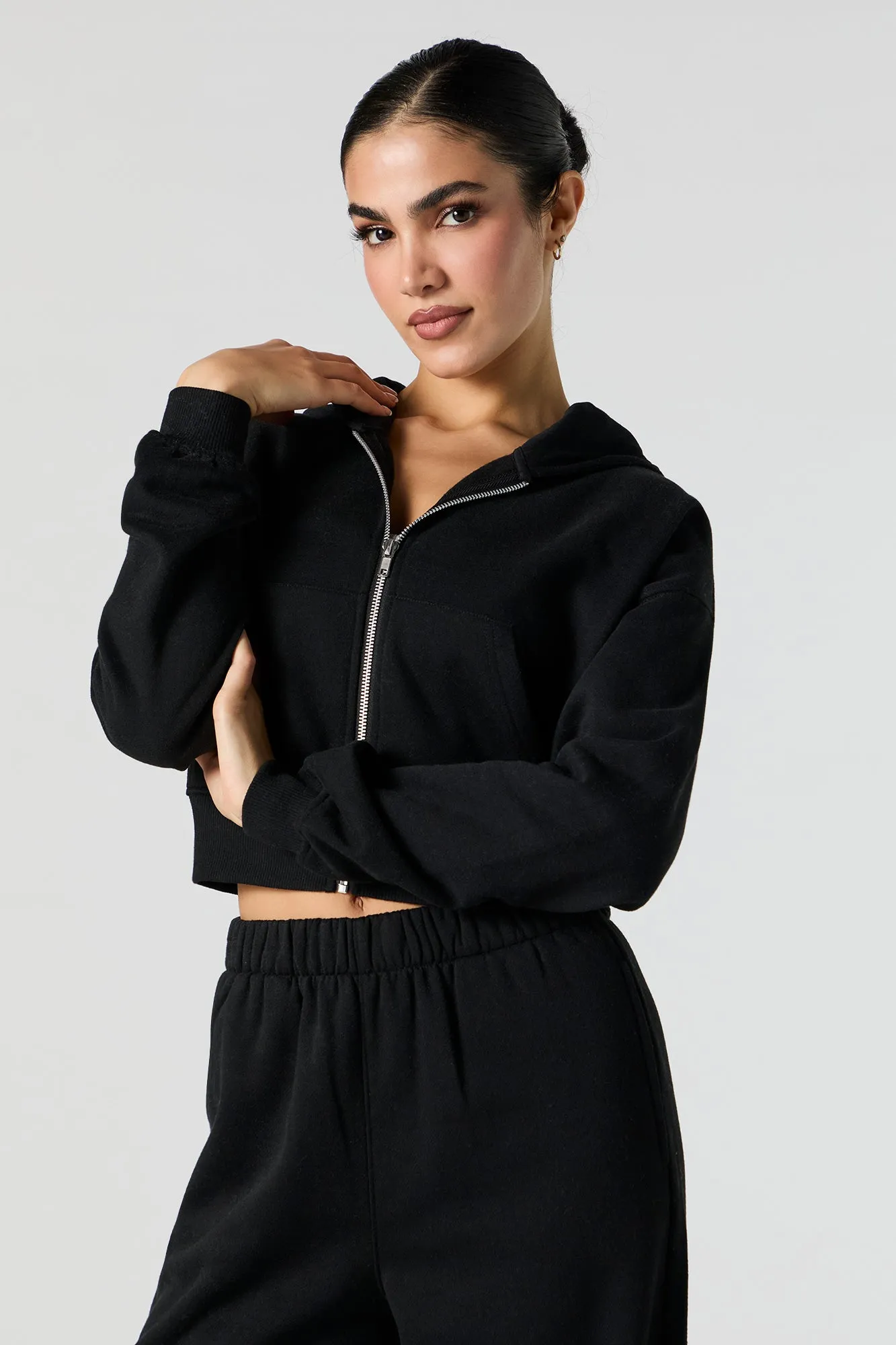 Solid Fleece Cropped Zip-Up Hoodie sold by Urban Planet product image thumbnail 5