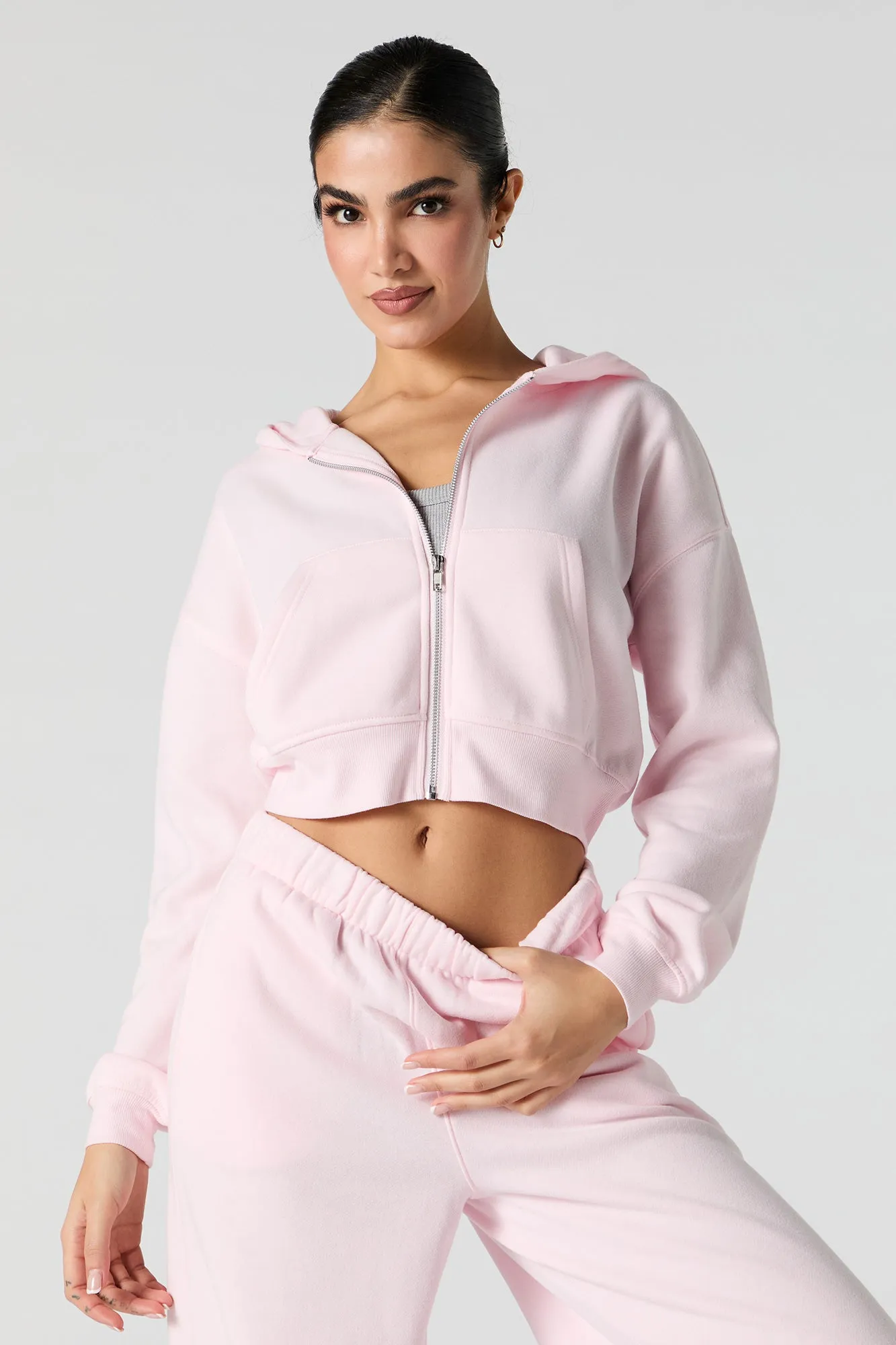 Solid Fleece Cropped Zip-Up Hoodie sold by Urban Planet product image thumbnail 4