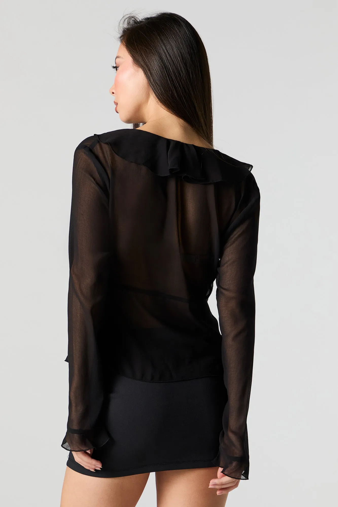 Mesh Ruffle Tie Front Long Sleeve Top sold by Urban Planet product image thumbnail 5