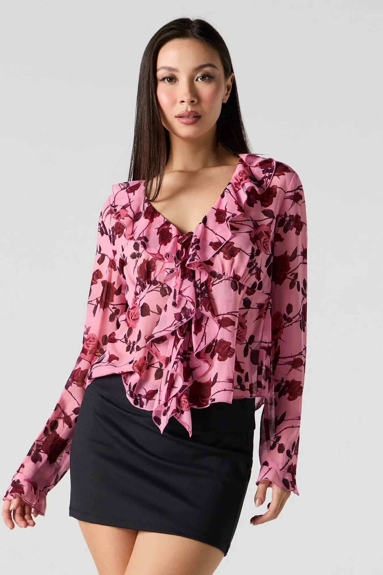 Mesh Ruffle Tie Front Long Sleeve Top sold by Urban Planet