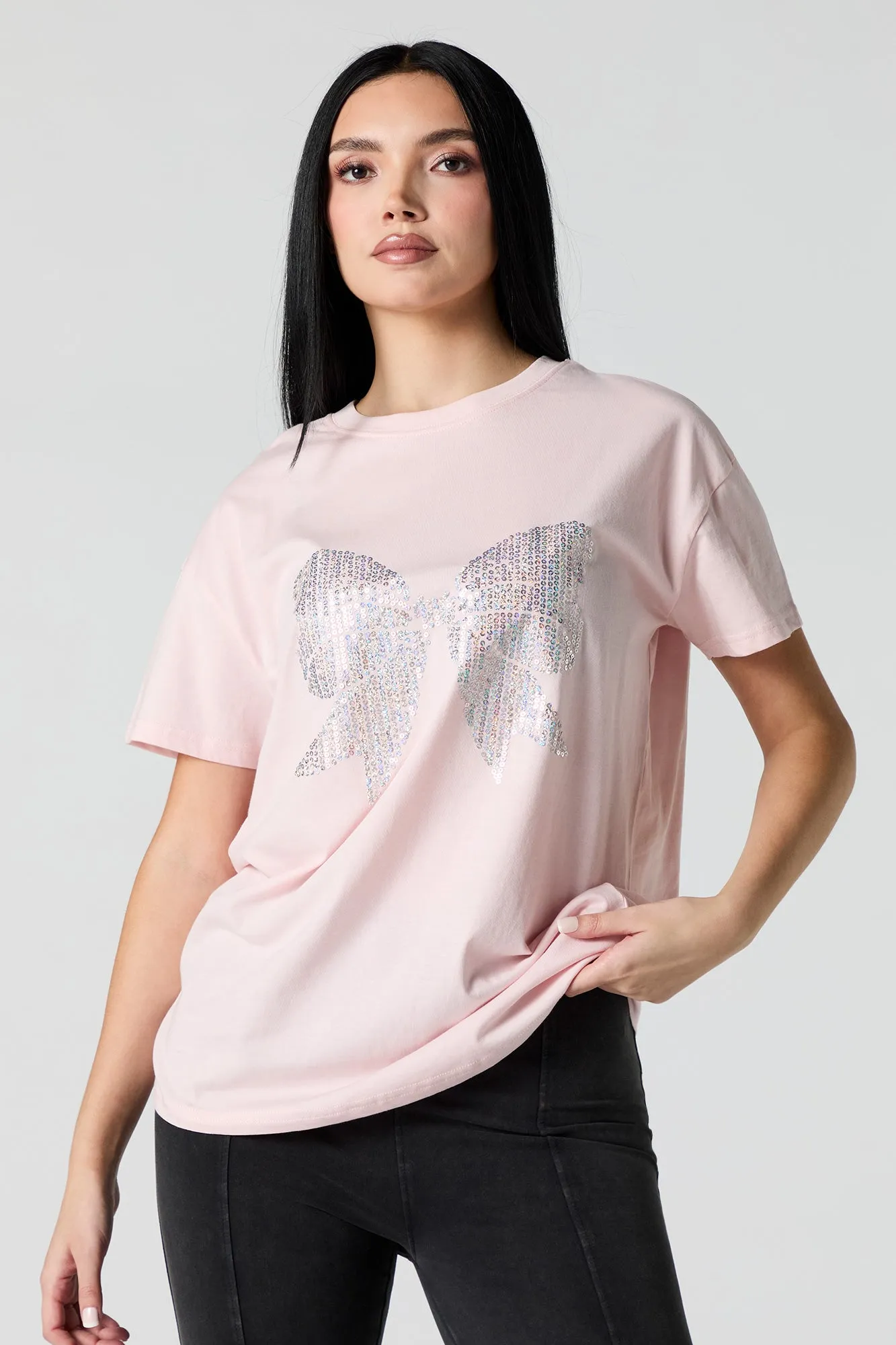 Sequin Bow Boyfriend T-Shirt sold by Urban Planet
