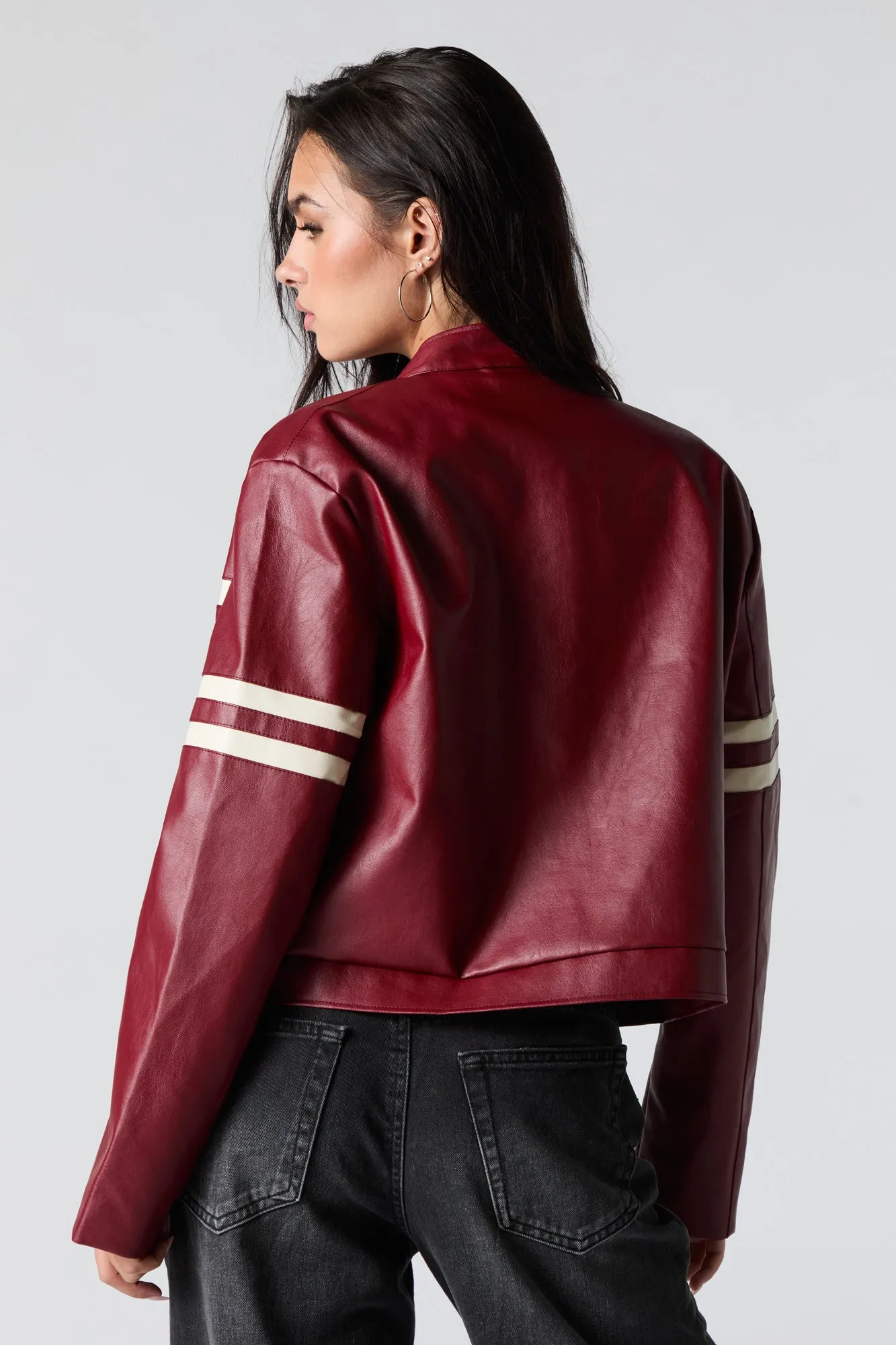 Faux Leather Contrast Striped Moto Jacket sold by Urban Planet product image thumbnail 5