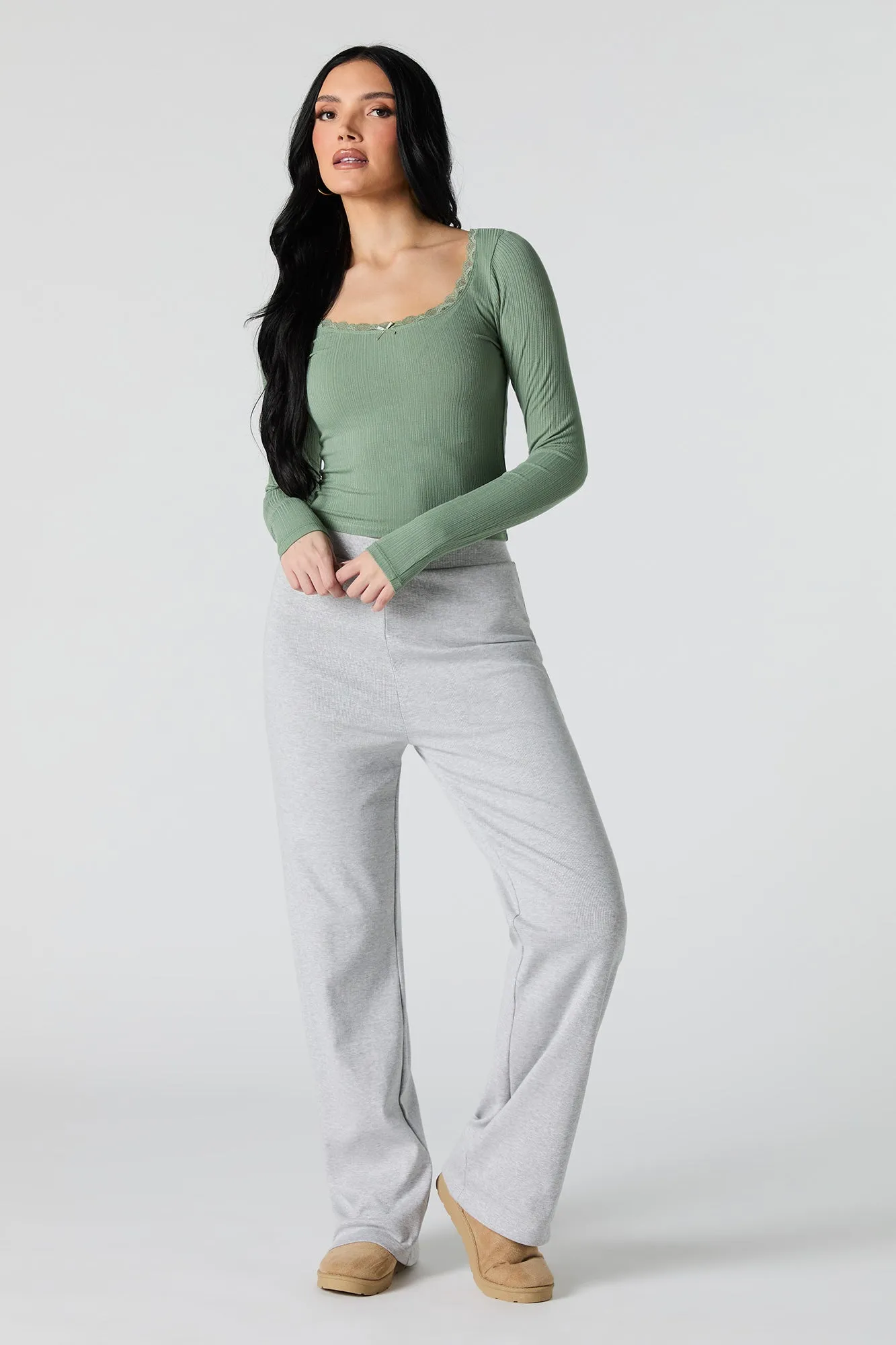 Ribbed Lace Bow Trim Long Sleeve Top sold by Urban Planet product image thumbnail 3