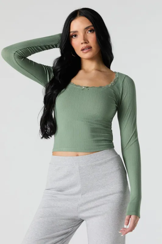Ribbed Lace Bow Trim Long Sleeve Top sold by Urban Planet