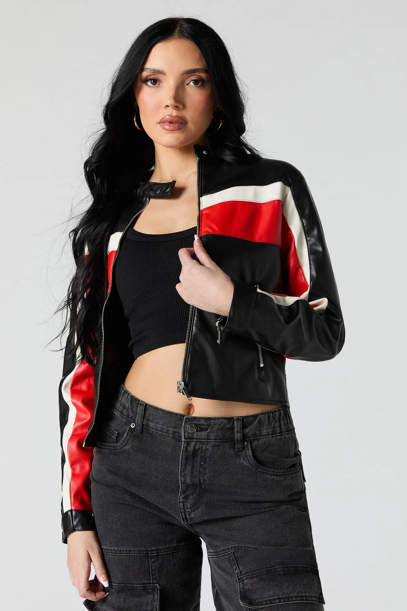 Faux Leather Colourblock Moto Jacket sold by Urban Planet product image thumbnail 4