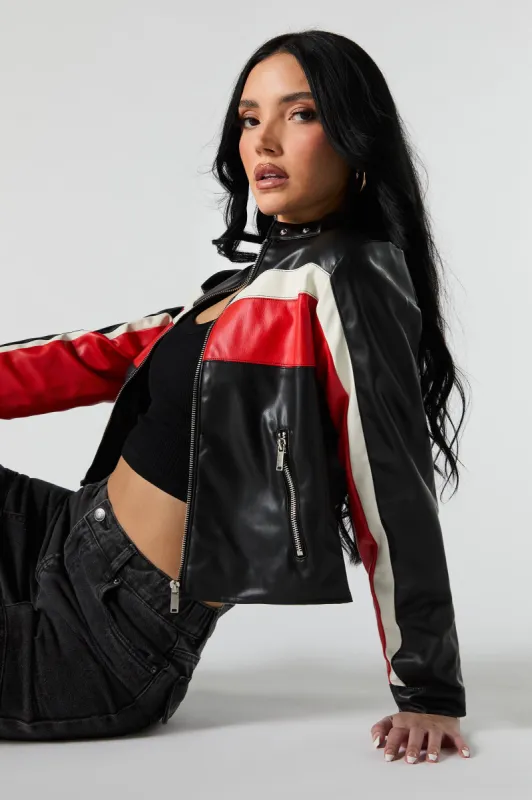 Blouson de style moto en similicuir avec blocs de couleurs sold by Urban Planet