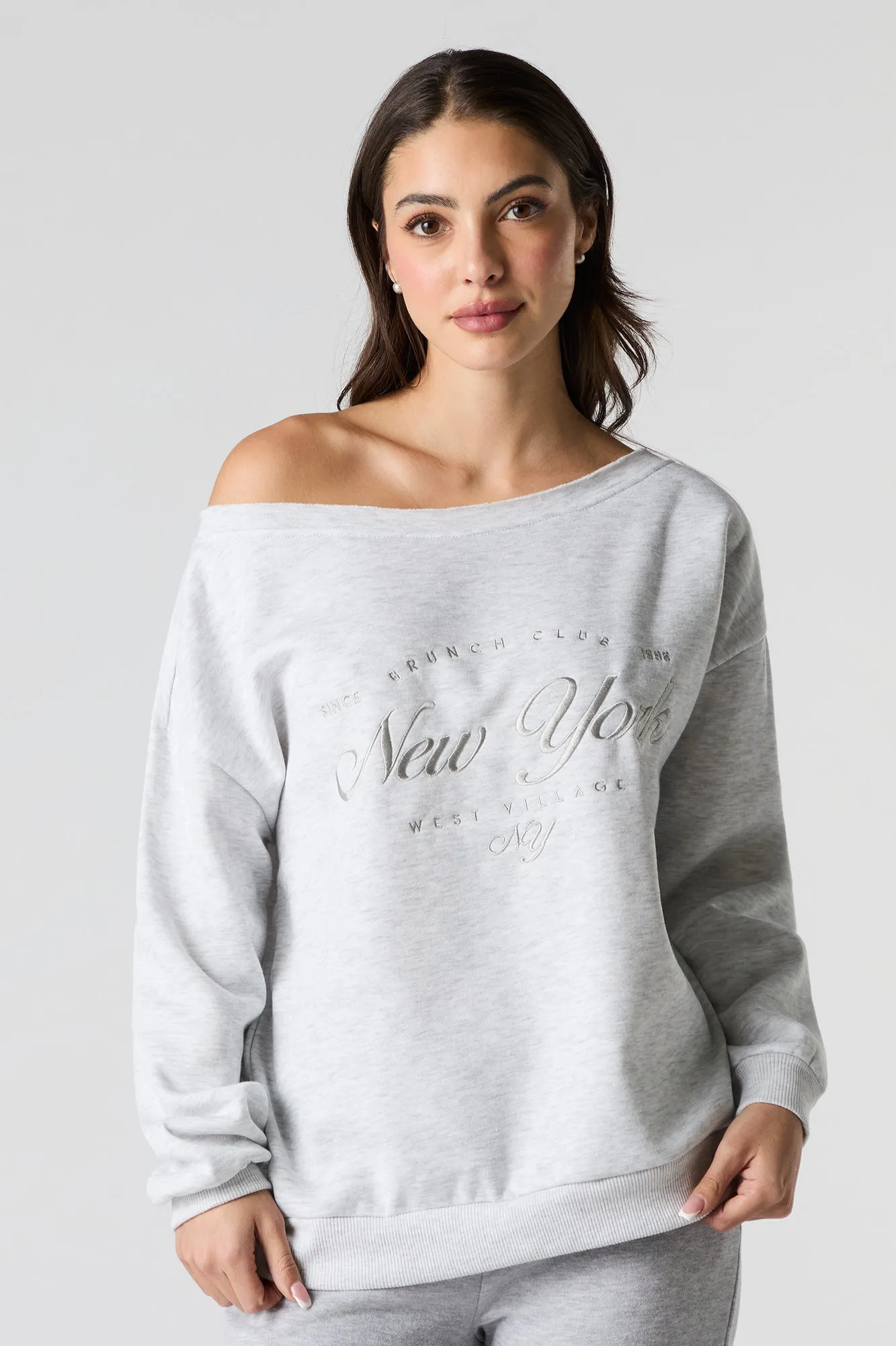 City Embroidered Off Shoulder Fleece Sweatshirt sold by Urban Planet product image thumbnail 4
