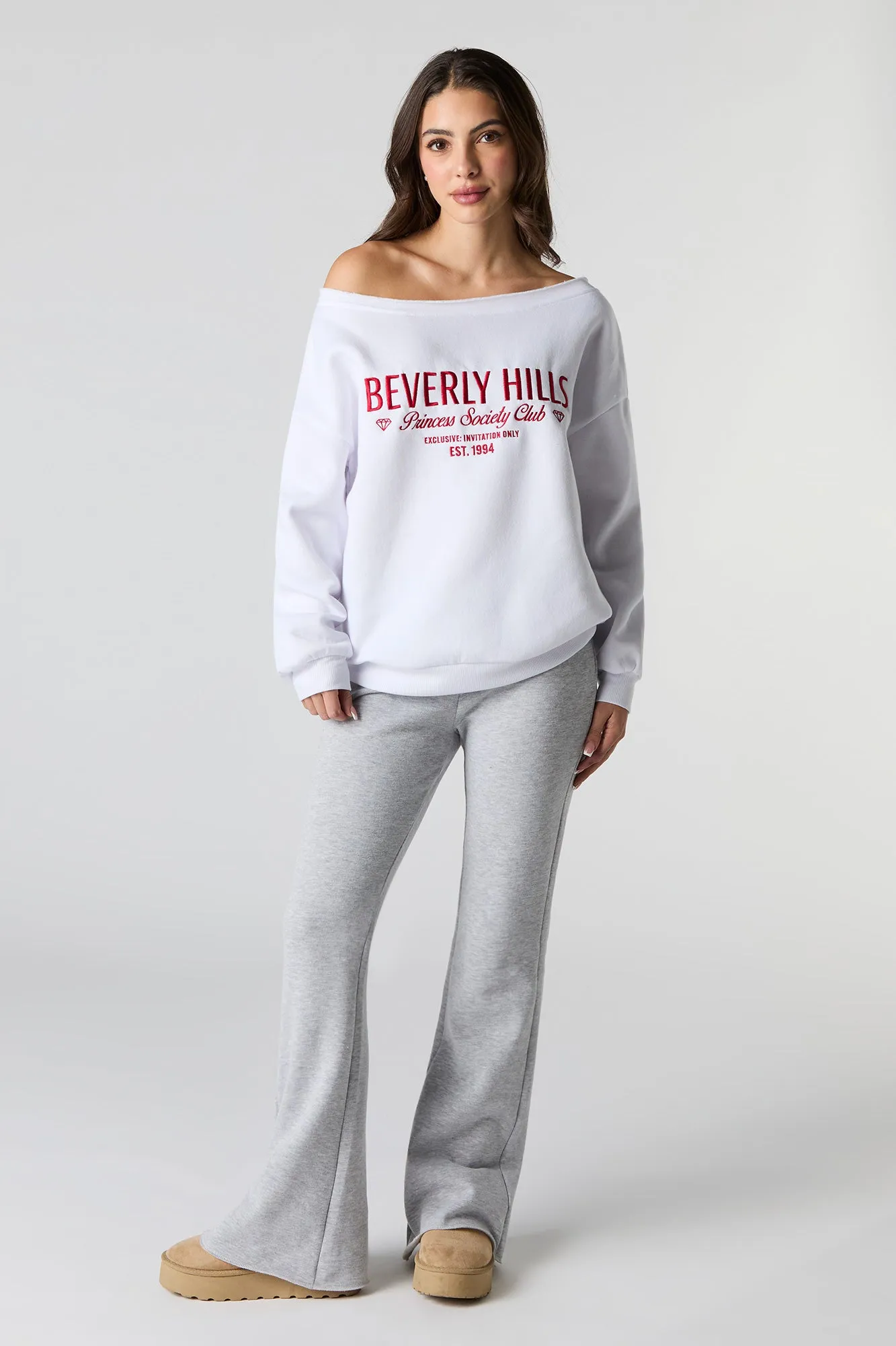 City Embroidered Off Shoulder Fleece Sweatshirt sold by Urban Planet product image thumbnail 3