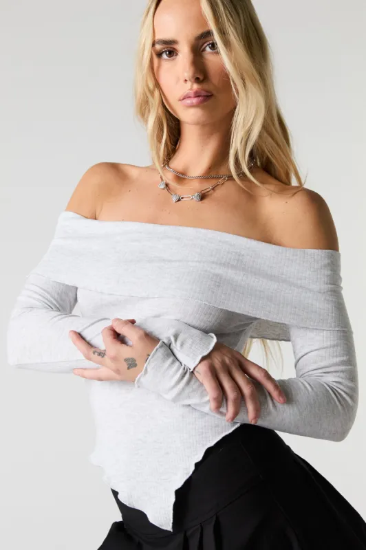 Ribbed Off Shoulder Asymmetrical Long Sleeve Top sold by Urban Planet