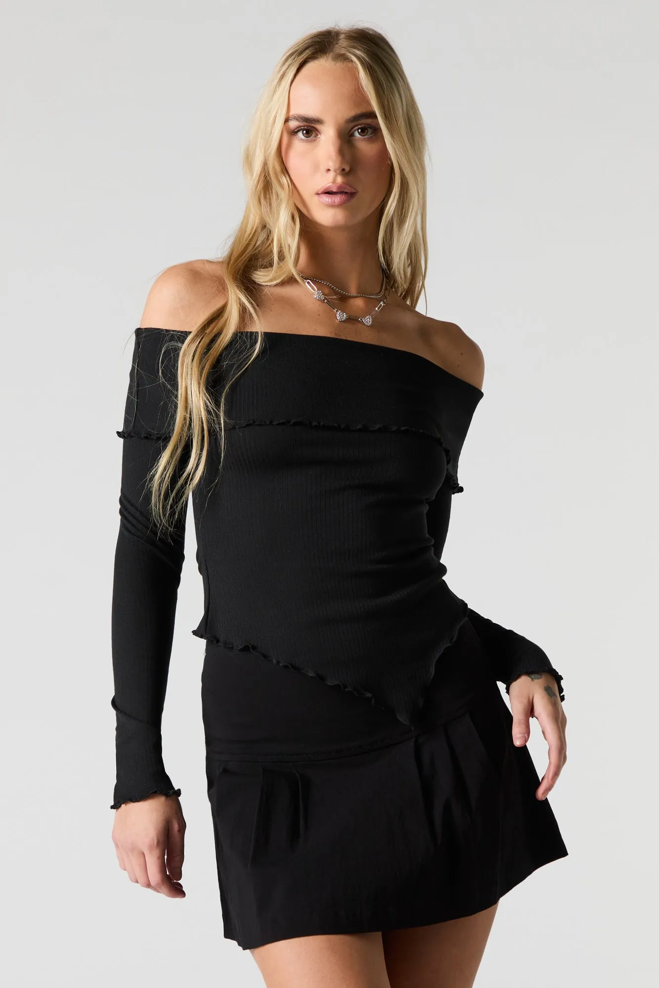 Ribbed Off Shoulder Asymmetrical Long Sleeve Top sold by Urban Planet product image thumbnail 4