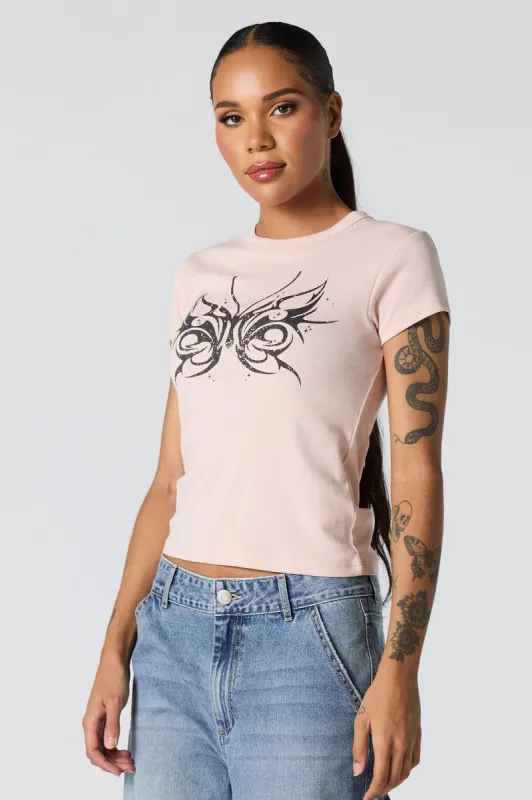 Rhinestone Distressed Butterfly Graphic Fitted T-Shirt sold by Urban Planet