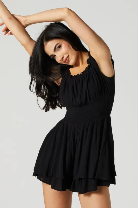 Black Sleeveless Smocked Romper sold by Urban Planet