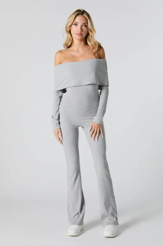 Ribbed Off Shoulder Long Sleeve Jumpsuit sold by Urban Planet