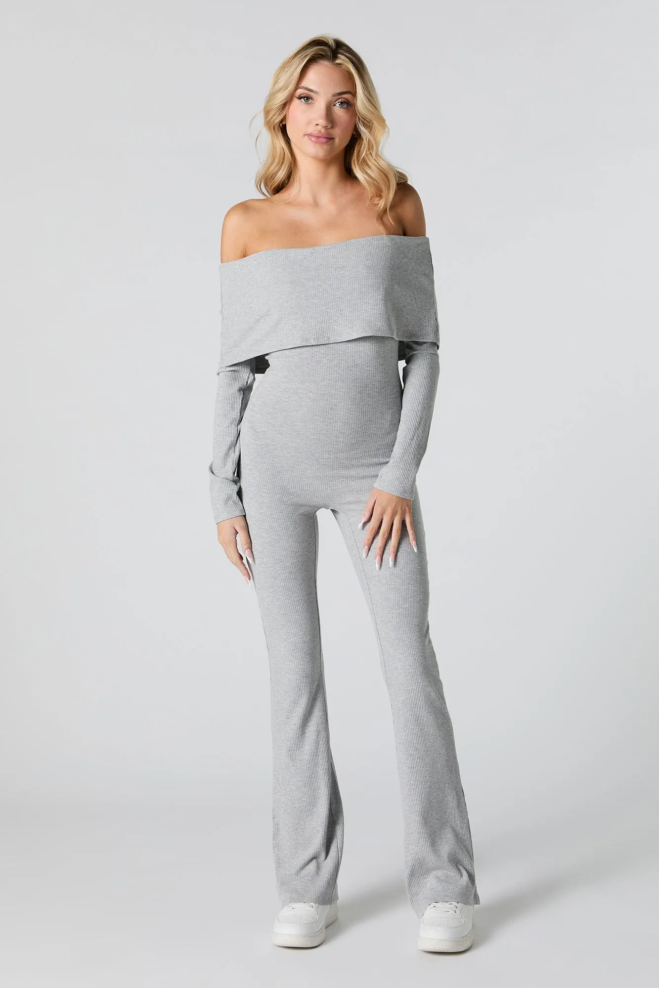 Ribbed Off Shoulder Long Sleeve Jumpsuit sold by Urban Planet