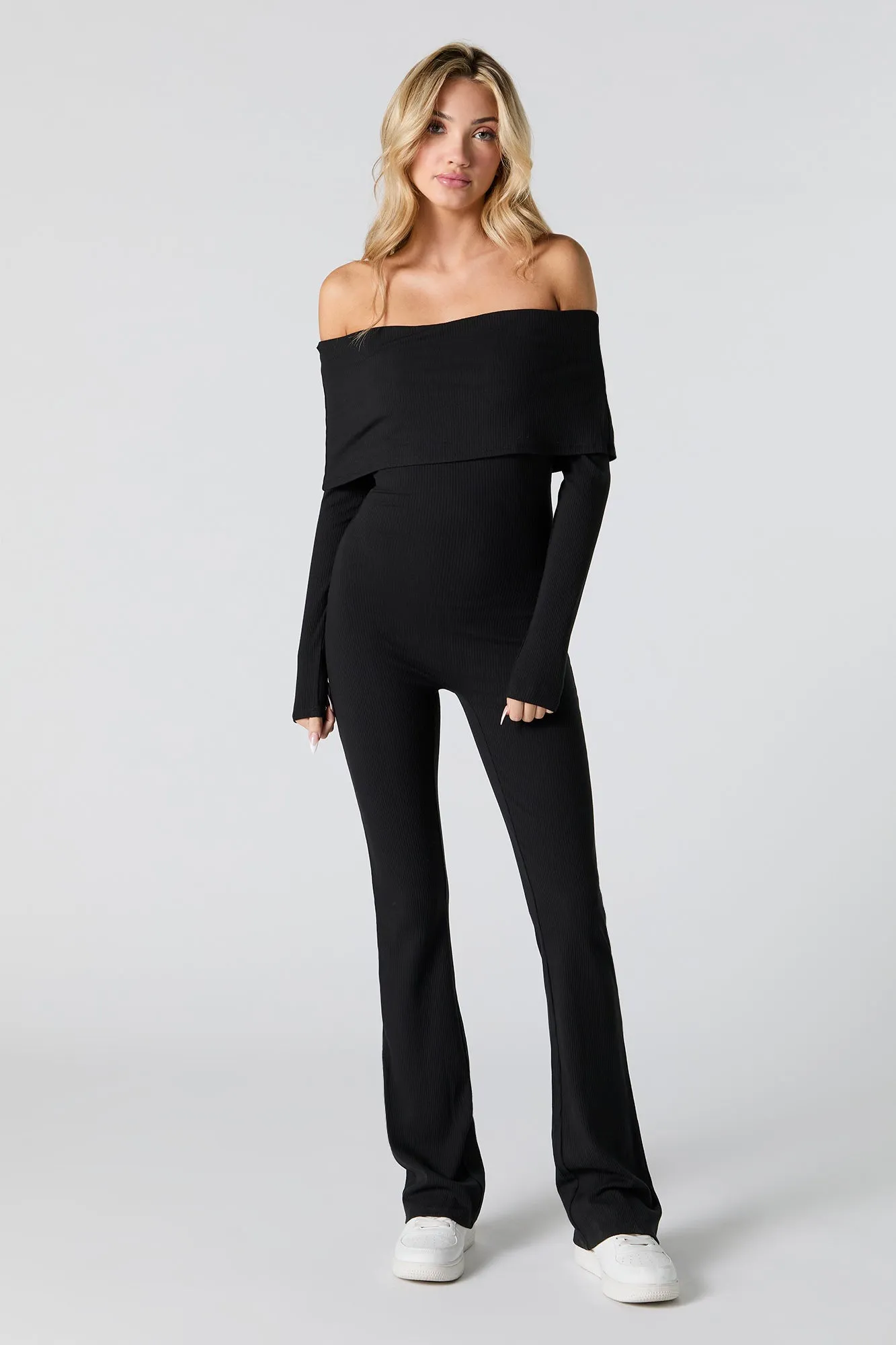 Ribbed Off Shoulder Long Sleeve Jumpsuit sold by Urban Planet product image thumbnail 4