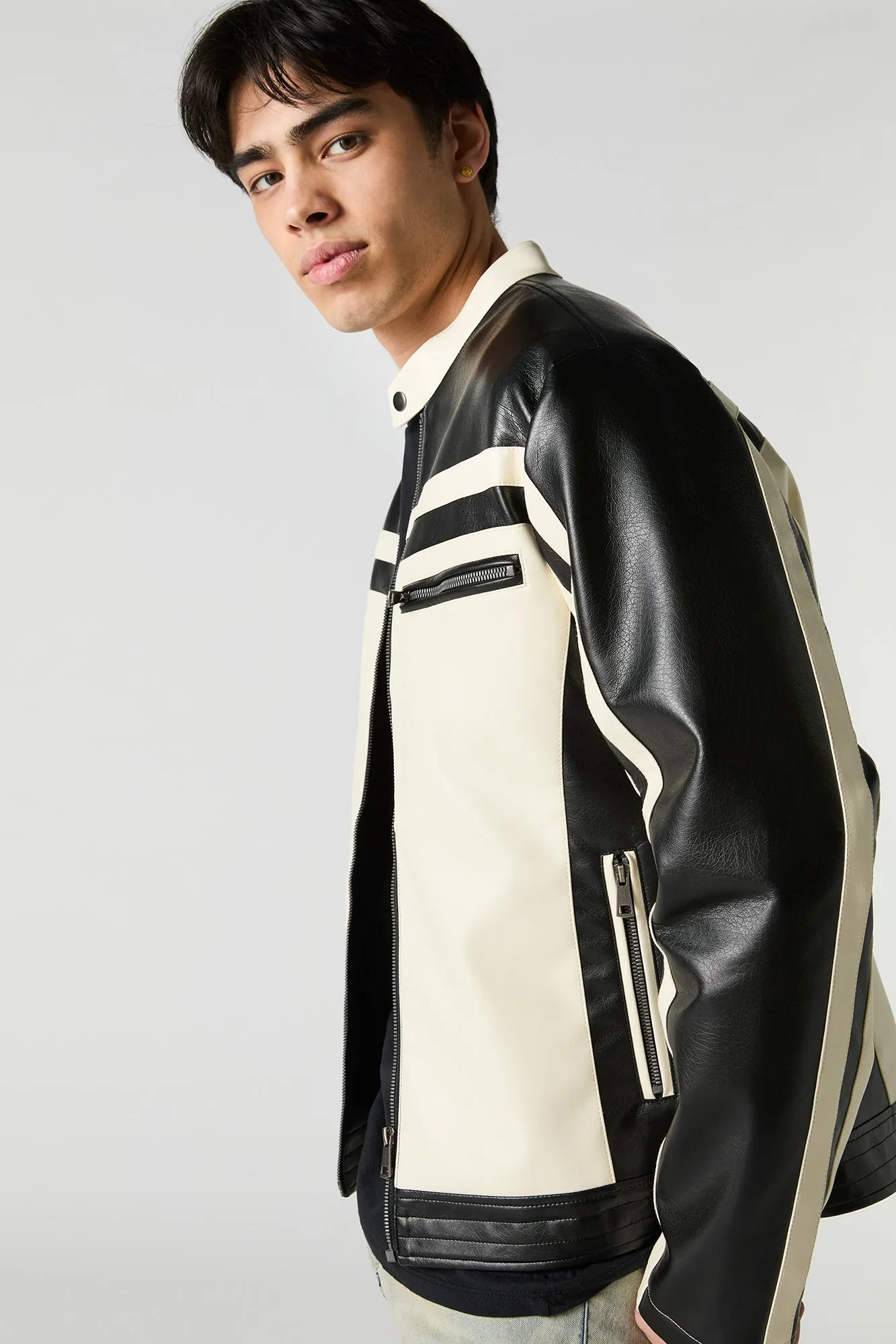 Blouson de style moto en similicuir avec blocs de couleurs sold by Urban Planet