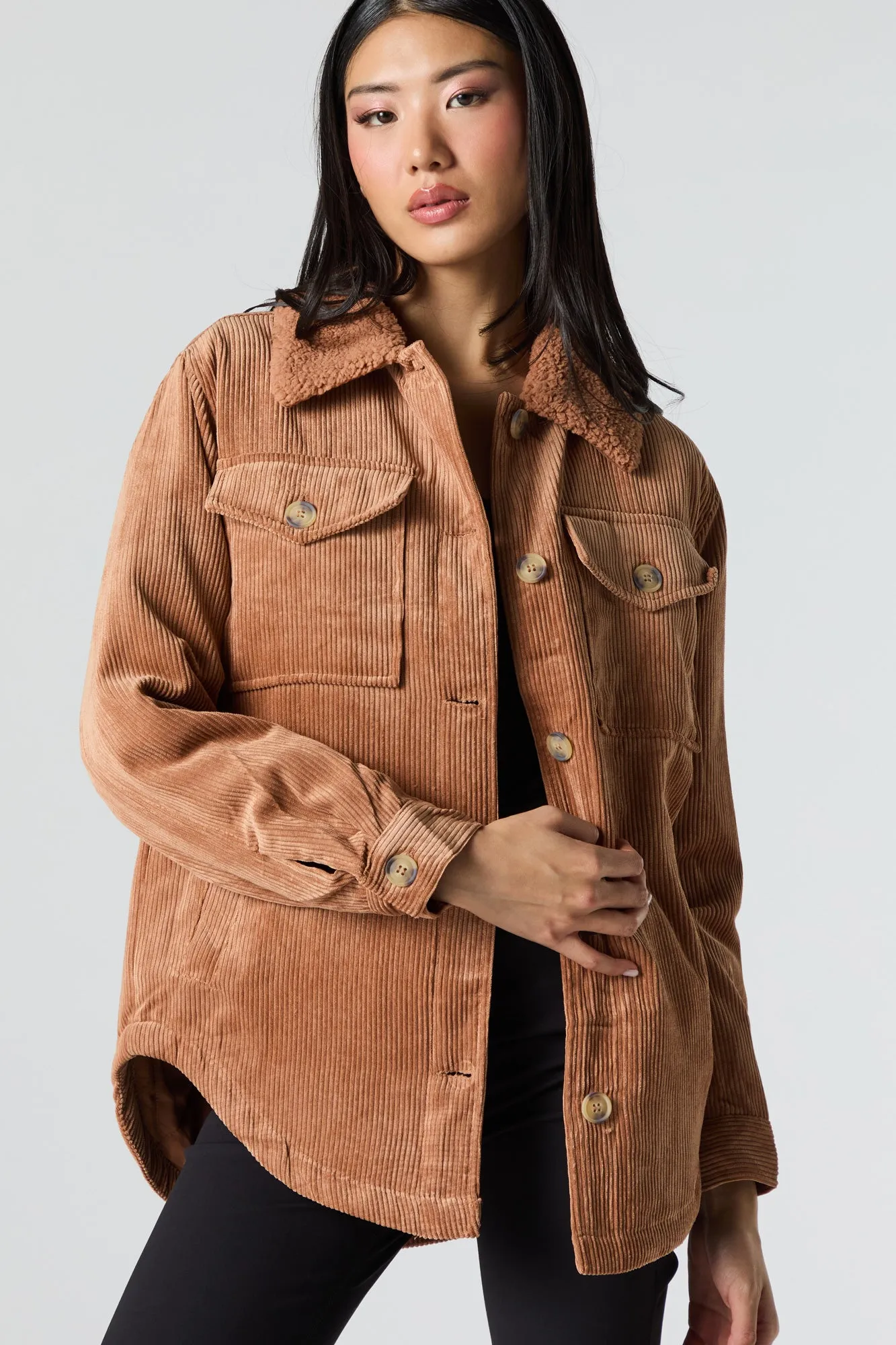 Faux Fur Collared Corduroy Shacket sold by Urban Planet
