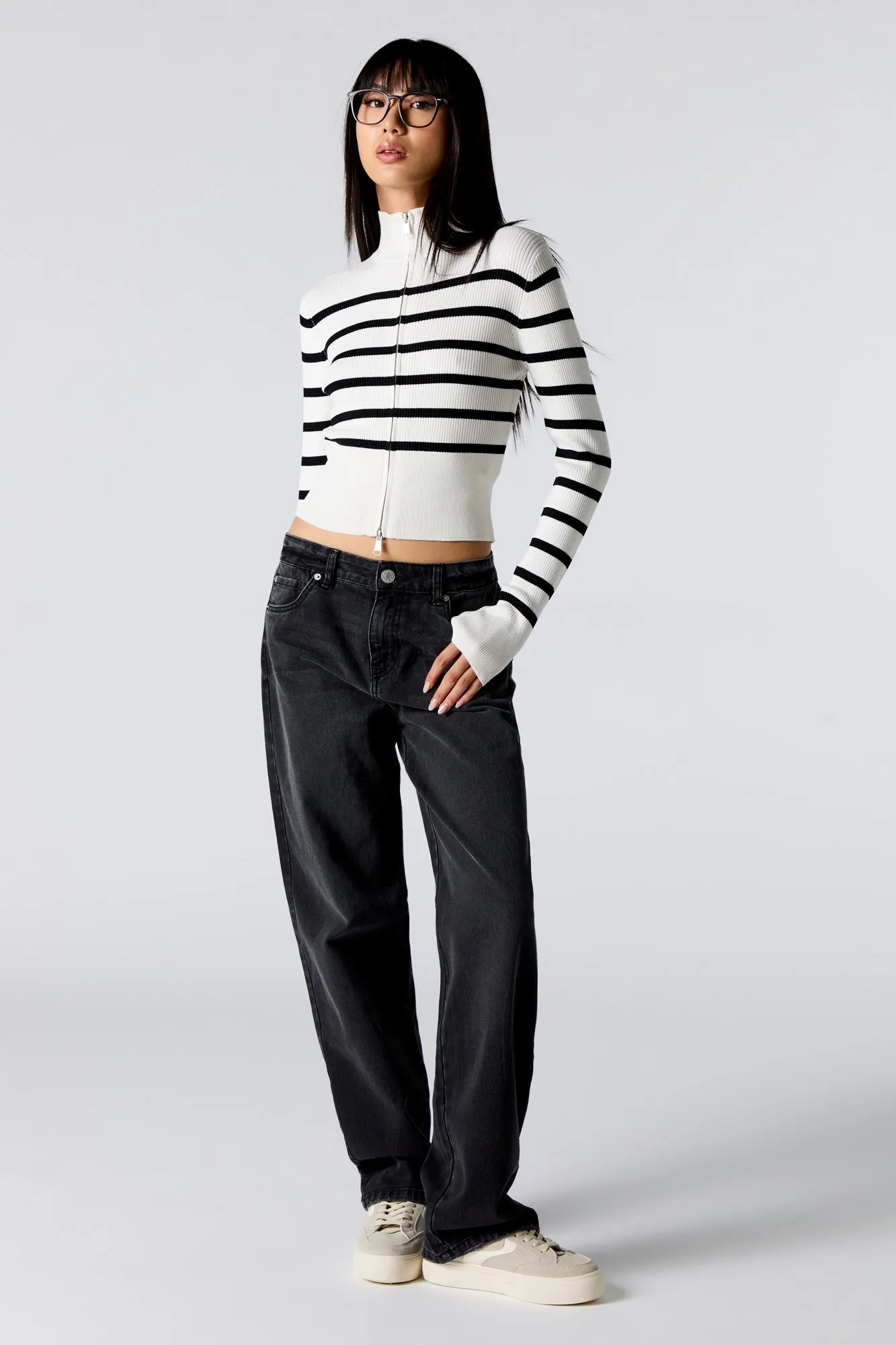 Striped Ribbed Knit Zip-Up Mock Neck Sweater sold by Urban Planet product image thumbnail 3
