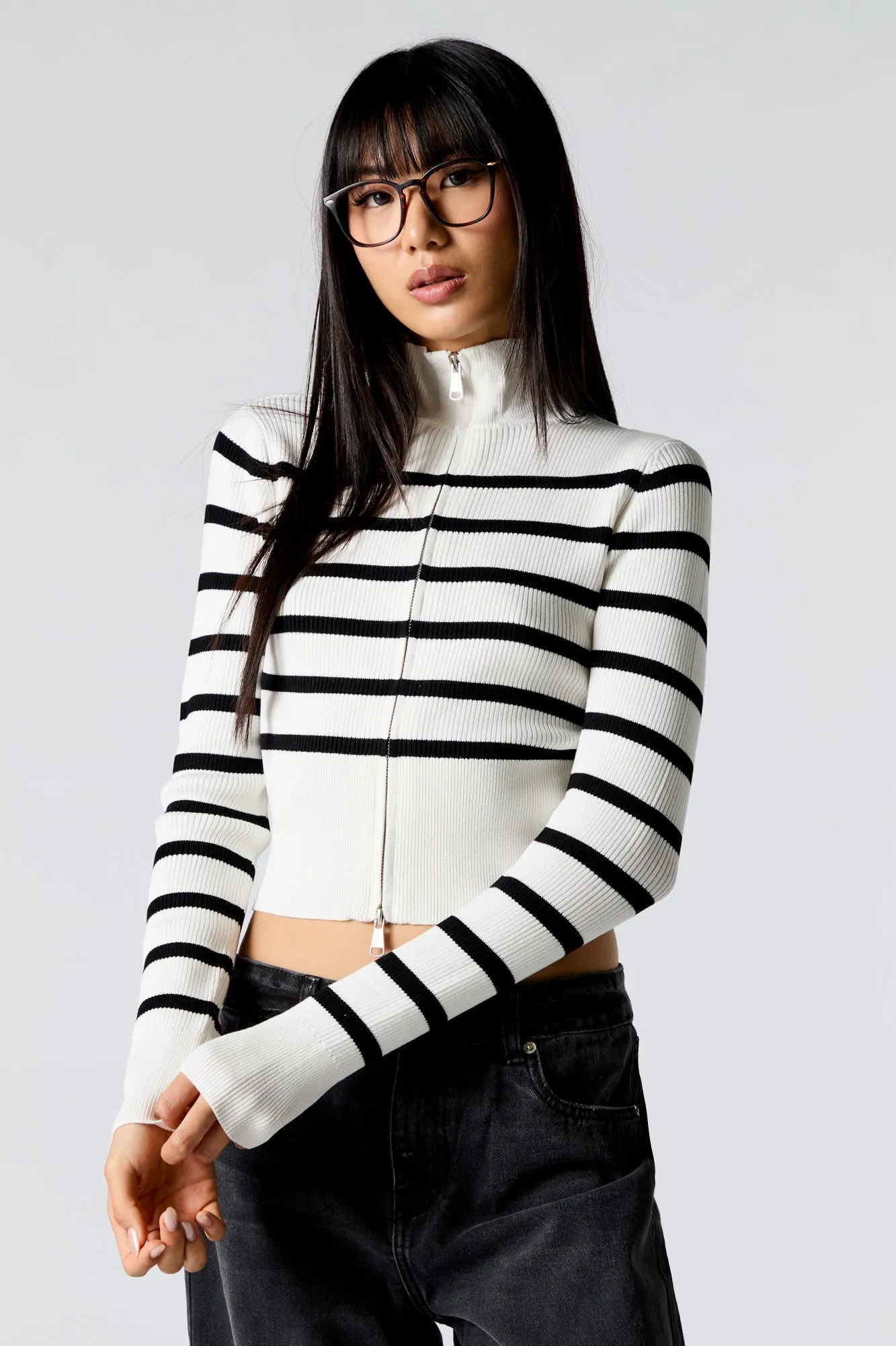 Striped Ribbed Knit Zip-Up Mock Neck Sweater sold by Urban Planet