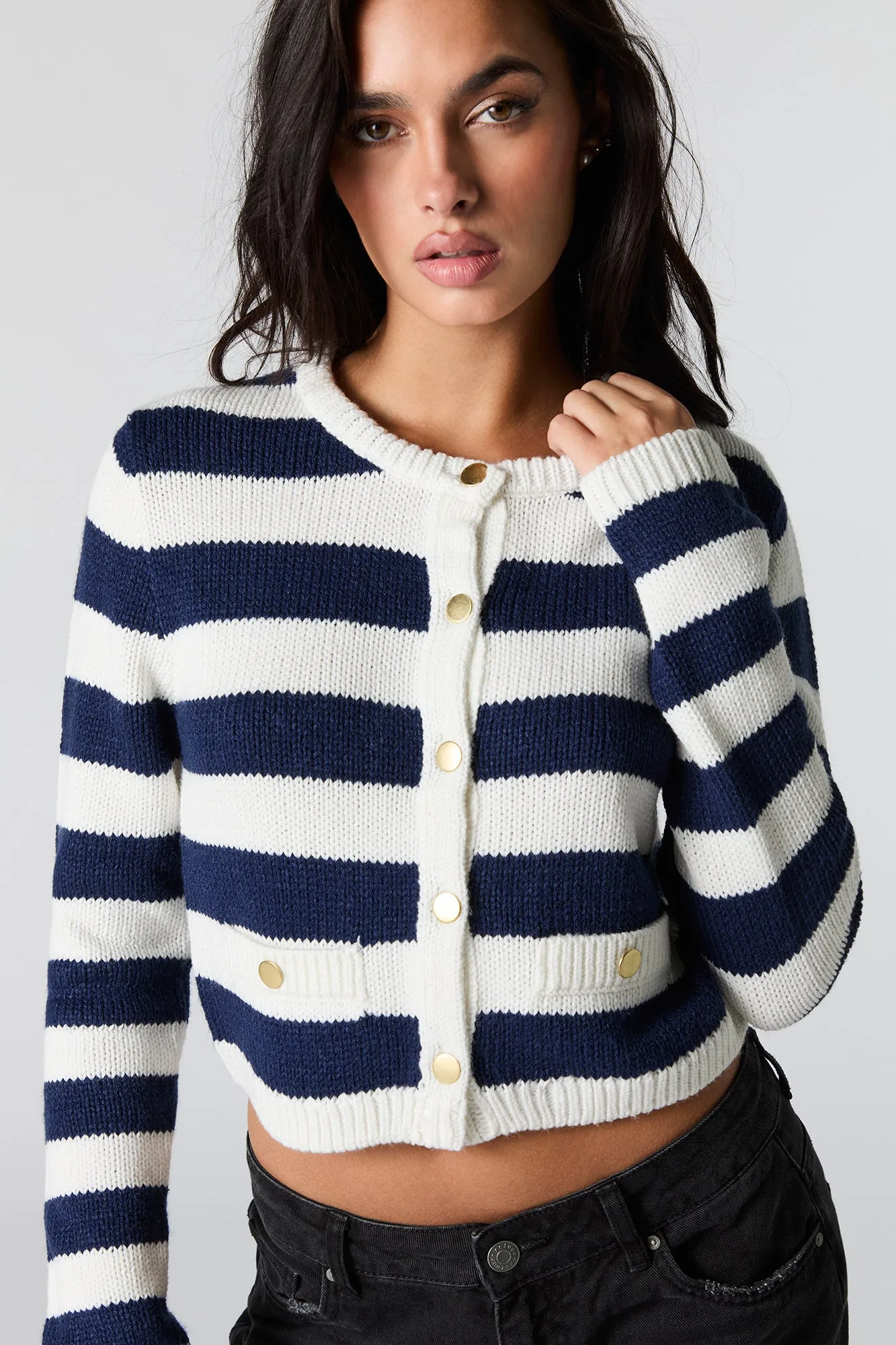 Striped Ribbed Knit Snap Button Cardigan sold by Urban Planet