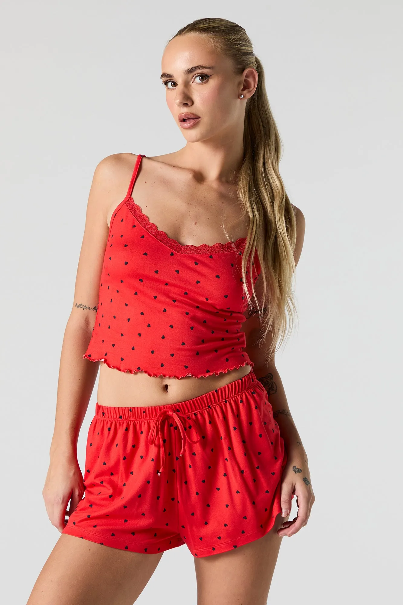 Soft Printed Lace Trim Tank & Short 2 Piece Pajama Set sold by Urban Planet