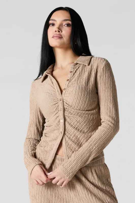 Textured Button Front Long Sleeve Top sold by Urban Planet