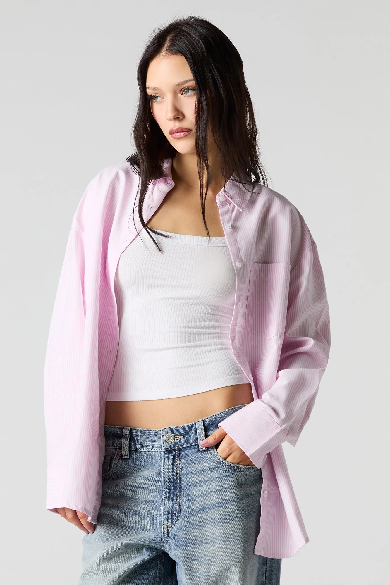 Oversized Pinstriped Button-Up Top sold by Urban Planet