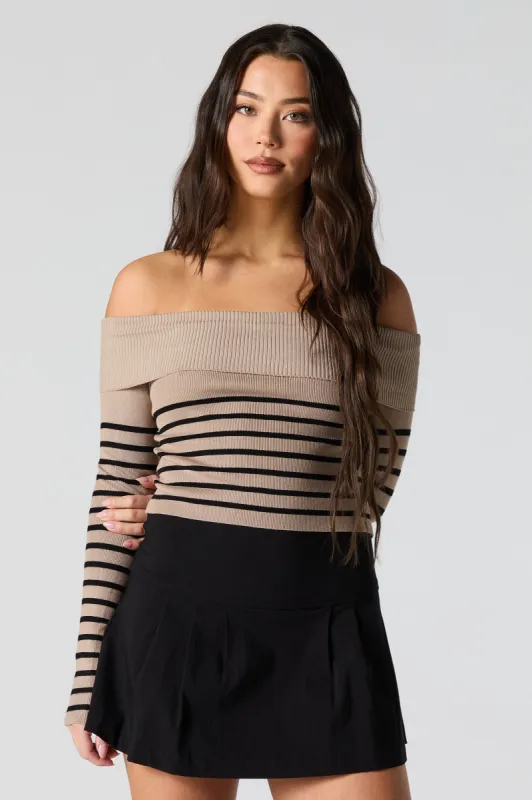 Striped Ribbed Knit Off Shoulder Sweater sold by Urban Planet