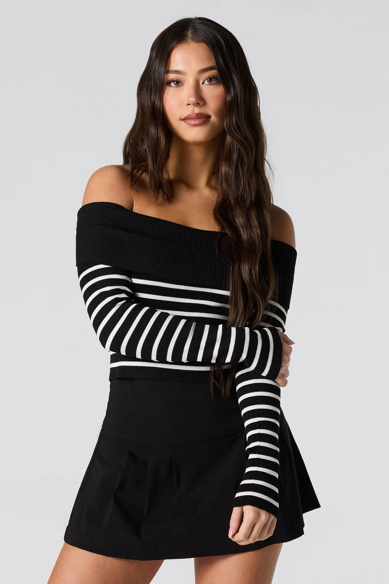 Striped Ribbed Knit Off Shoulder Sweater sold by Urban Planet product image thumbnail 4