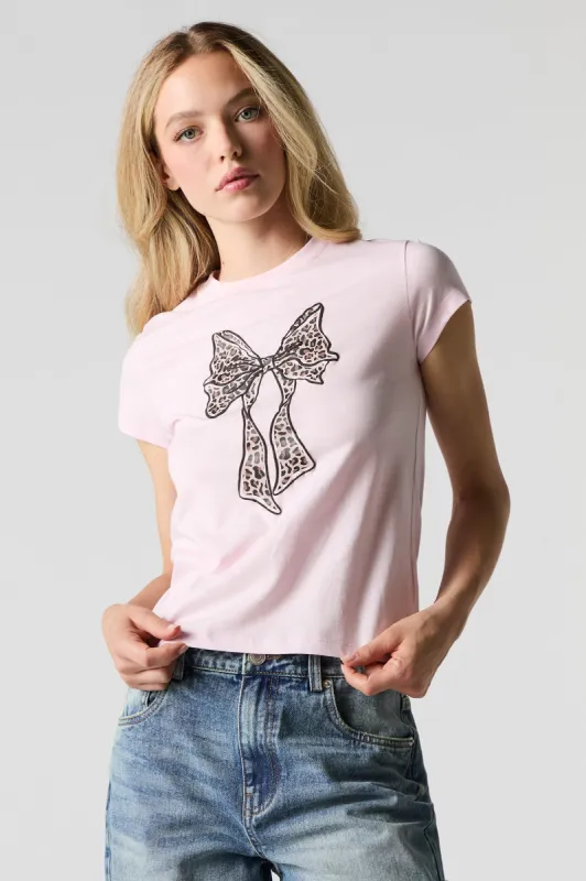 Cheetah Bow Embroidered Fitted T-Shirt sold by Urban Planet