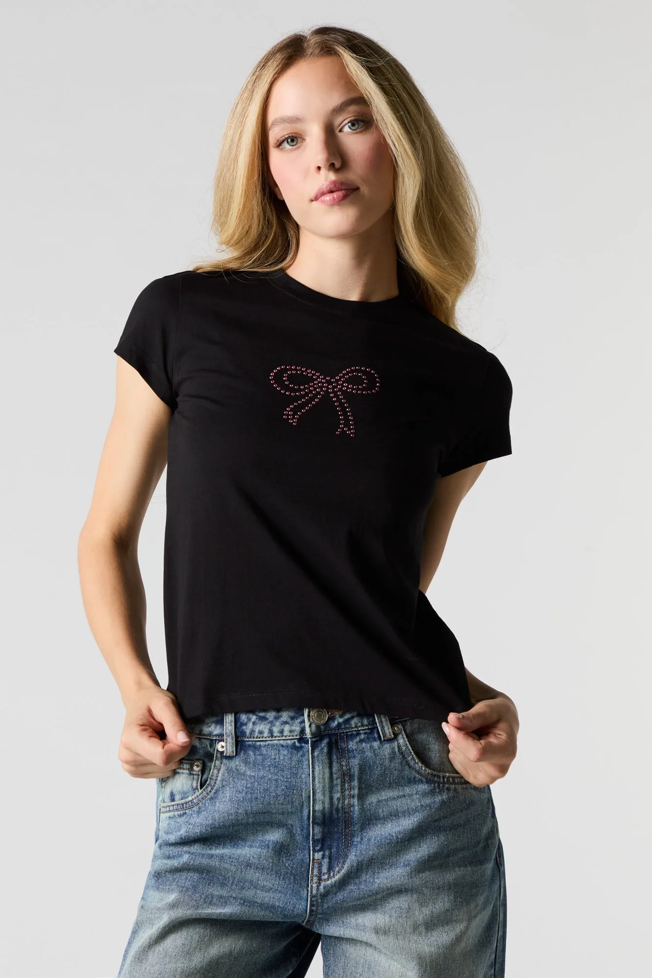Rhinestone Bow Fitted T-Shirt sold by Urban Planet product image thumbnail 5