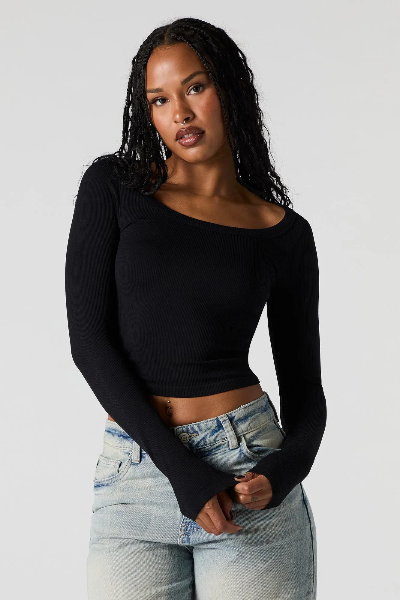 Haut côtelé sans couture à manches longues avec encolure dégagée sold by Urban Planet product image thumbnail 4