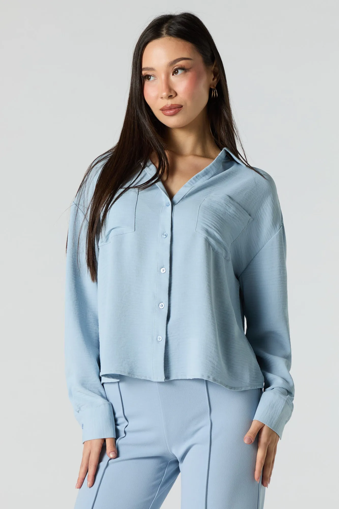 Flowy Long Sleeve Button-Up Top sold by Urban Planet
