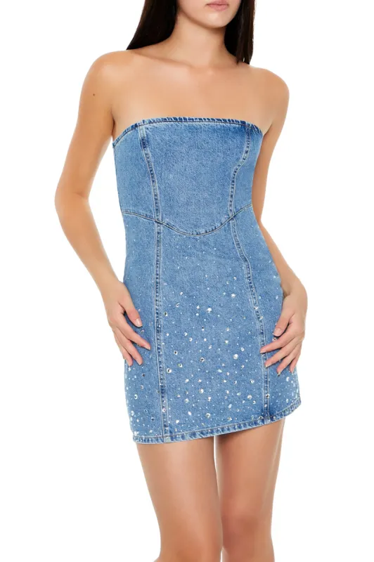 Rhinestone Denim Mini Tube Dress sold by Urban Planet