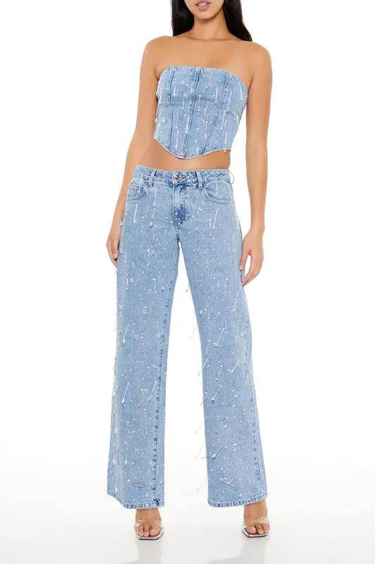 Beaded Rhinestone Mid Rise Wide Leg Jean sold by Urban Planet