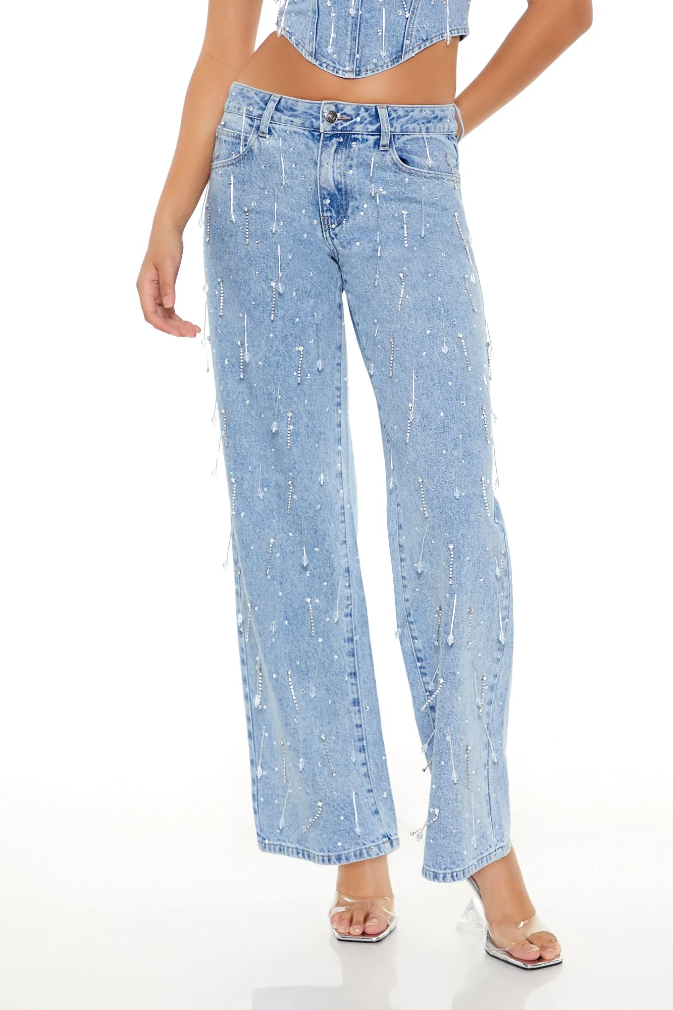 Jean mi-taille jambe large orné de perles et pierres du Rhin sold by Urban Planet product image thumbnail 2