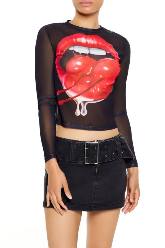Mesh Cherry Lips Graphic Long Sleeve Top sold by Urban Planet