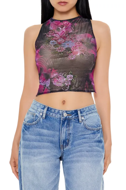 Floral Rhinestone Mesh Cropped Tank sold by Urban Planet