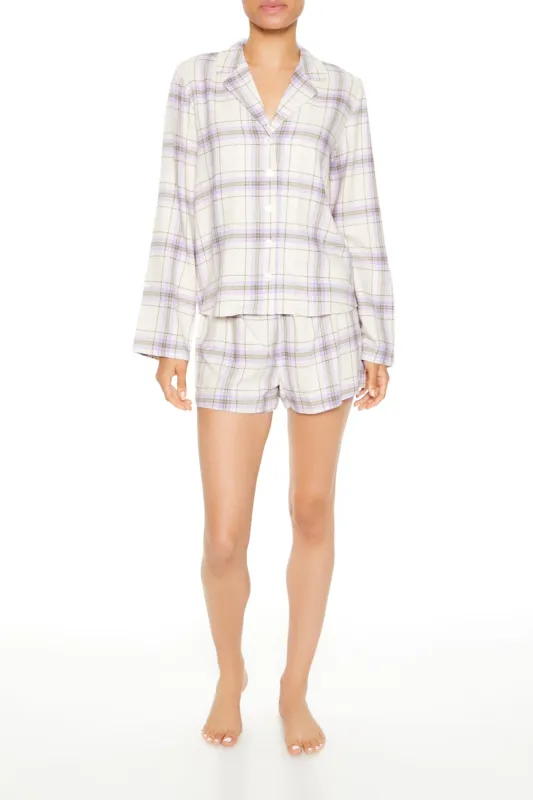 Plaid Button-Up Top & Short 2 Piece Pajama Set sold by Urban Planet