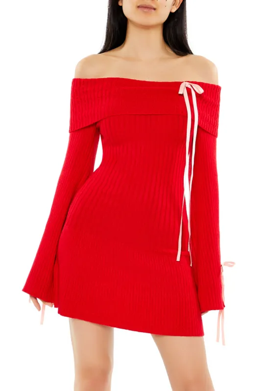 Ribbed Off Shoulder Bow Sweater Dress sold by Urban Planet