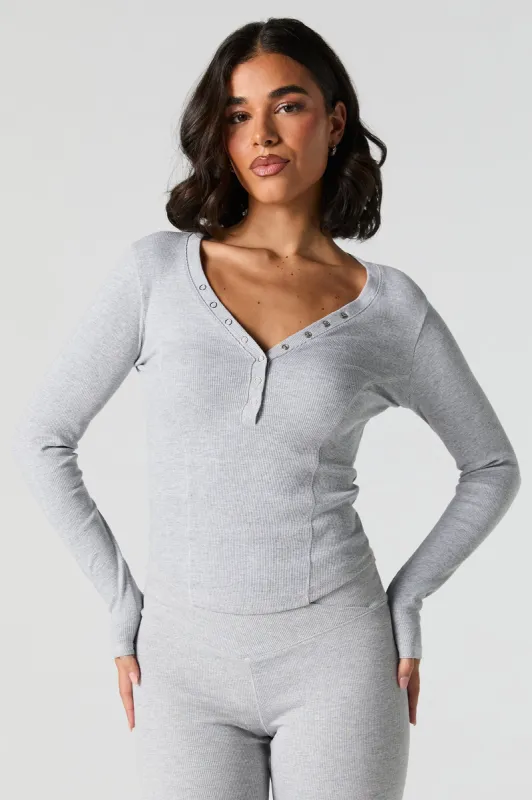 Ribbed Henley Curved Hem Long Sleeve Top sold by Urban Planet