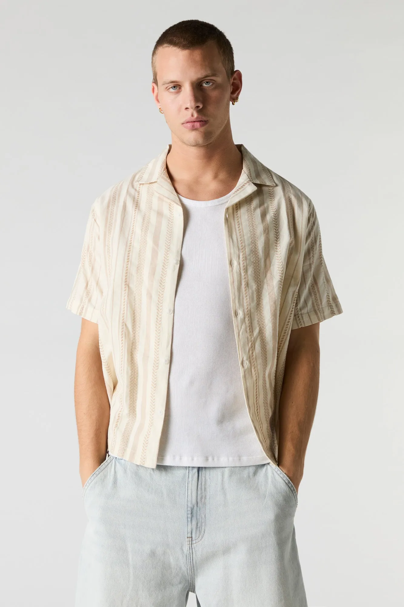 Textured Striped Collared Button-Up Top sold by Urban Planet