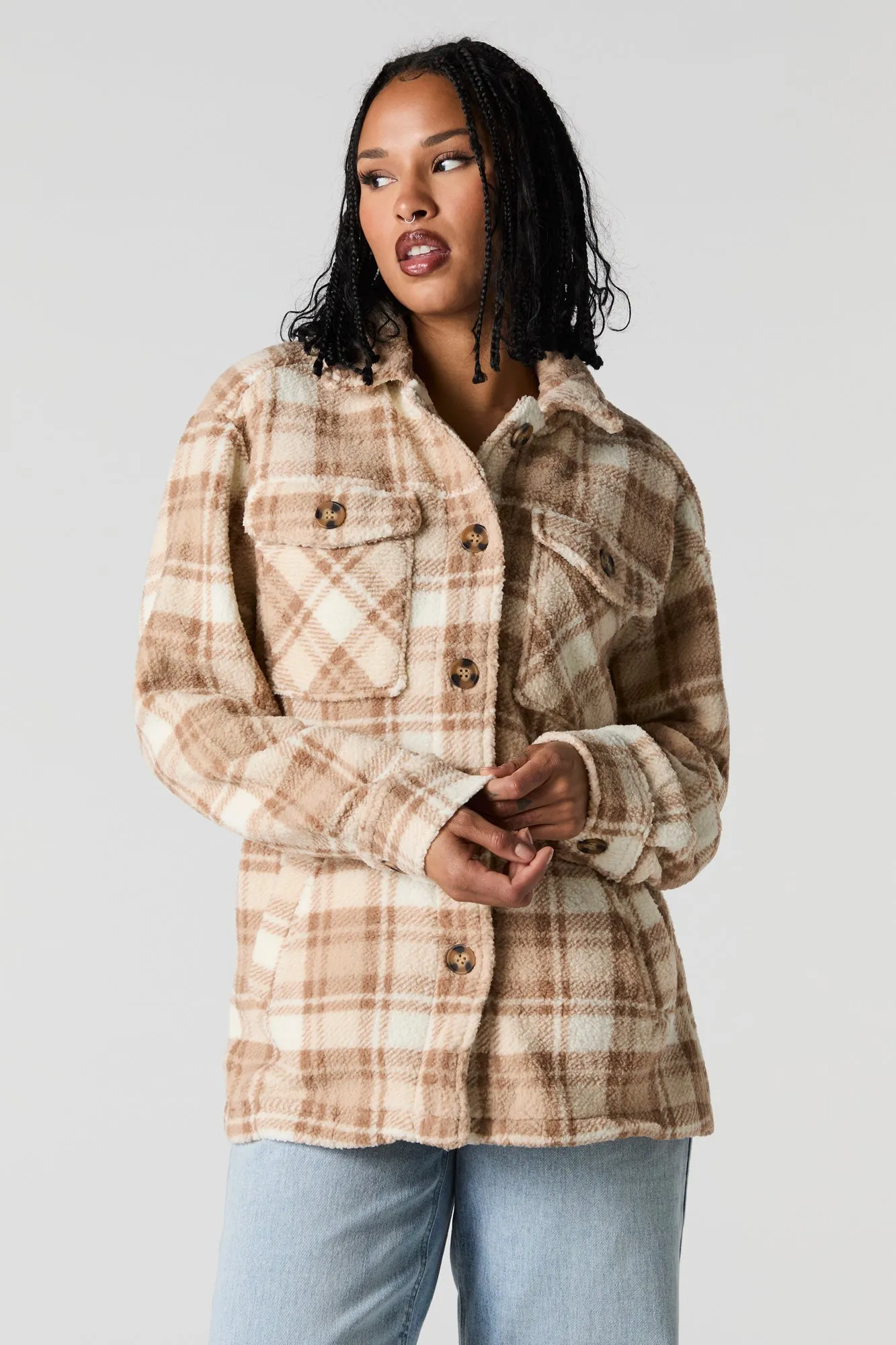 Plaid Sherpa Shacket sold by Urban Planet