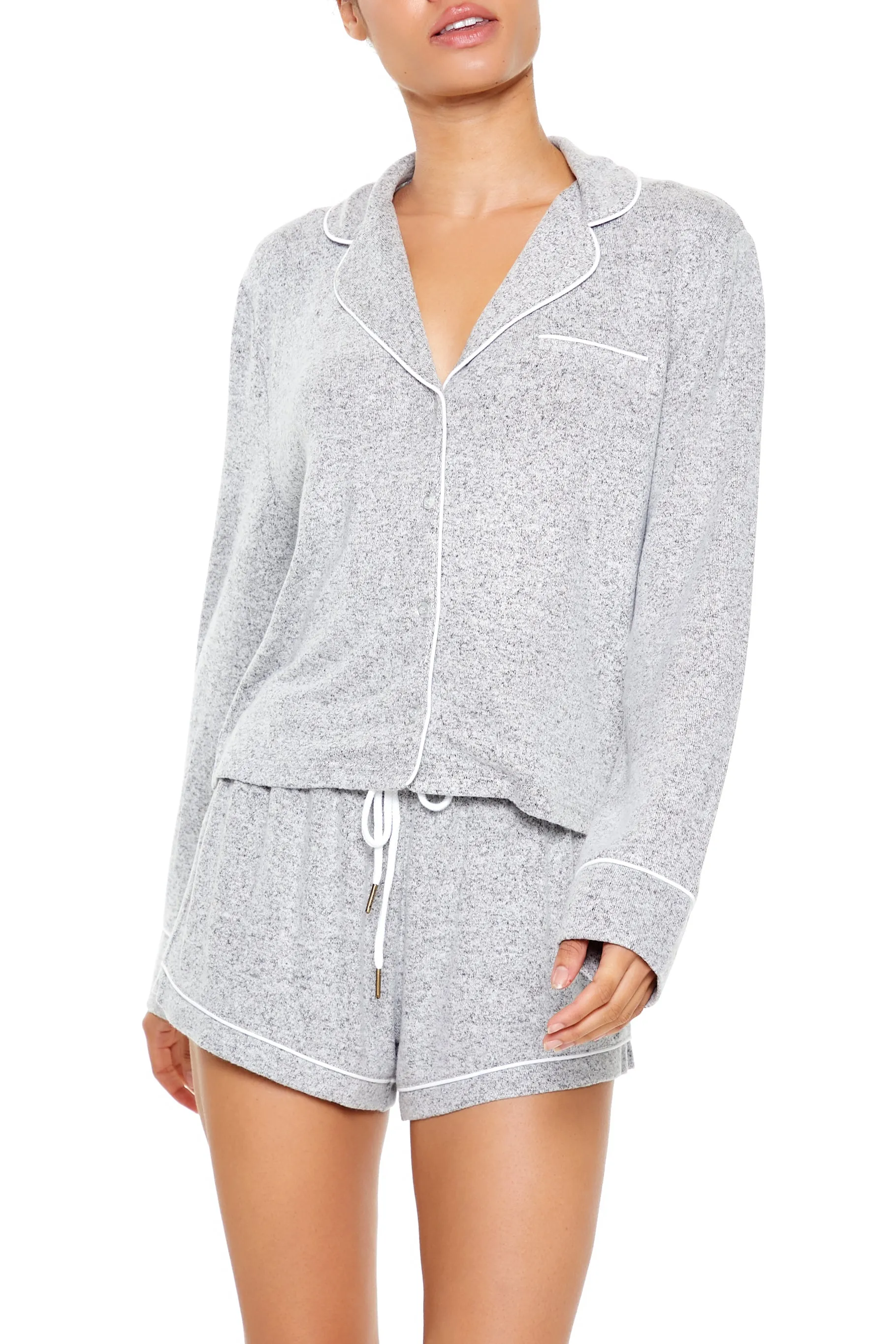 Piped Trim Long Sleeve Top & Short 2 Piece Pajama Set sold by Urban Planet