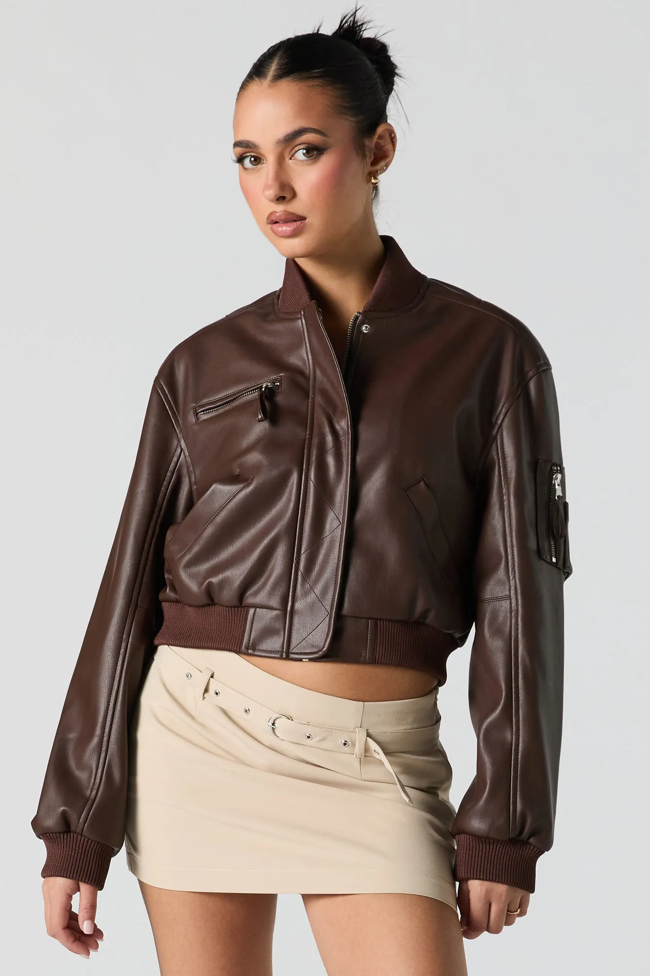 Faux Leather Cropped Bomber Jacket sold by Urban Planet product image thumbnail 4