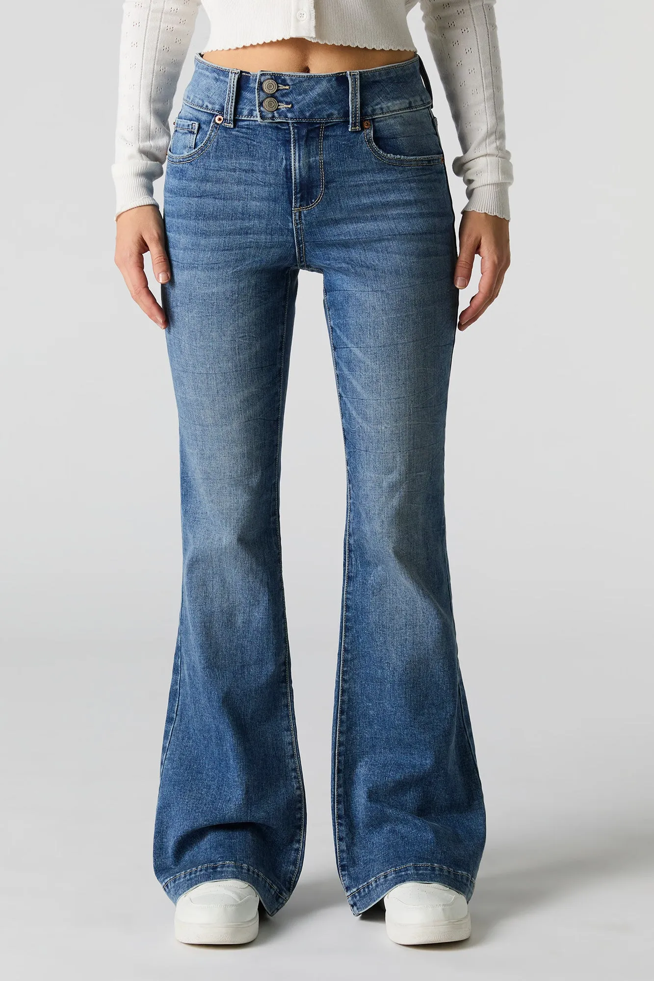 Vintage Wash Low Rise Double Button Flare Jean sold by Urban Planet product image thumbnail 5